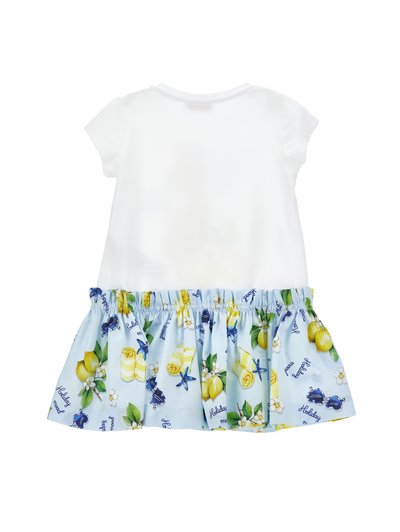 Λευκό βαμβακερό φόρεμα μωρού με κοντά μανίκια και μπλε φουντωτή φούστα με σχέδια λεμονιών, κοχυλιών, γυαλιών ηλίου και το κείμενο «Holiday mood».
