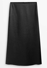 Black leather skirt, knee-length, smooth texture, minimalistic design, featuring a concealed zipper at the back for closure.