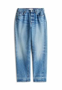 Jeans de mezclilla azul claro con corte recto, acabado desgastado, diseño de cinco bolsillos y cierre frontal de botón.