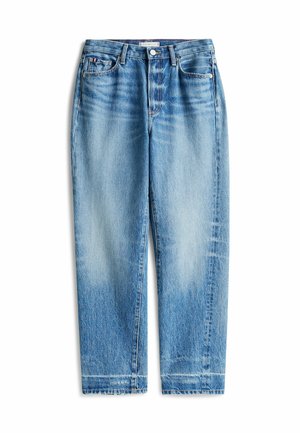 Jean en denim bleu clair avec une coupe droite, finition délavée, design à cinq poches et fermeture à bouton à l'avant.
