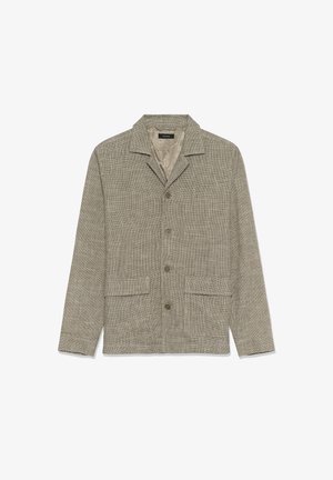 Šviesiai pilka austinė striukė su įpjauta apykakle, keturiomis priekinėmis kišenėmis, sagų užsegimu ir lygiu vidiniu pamušalu. Audinys su tekstūra.