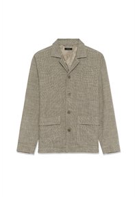 Jachetă țesută de culoare gri deschis, cu rever decupat, patru buzunare frontale, închidere cu nasturi și căptușeală interioară netedă. Țesătură texturată.