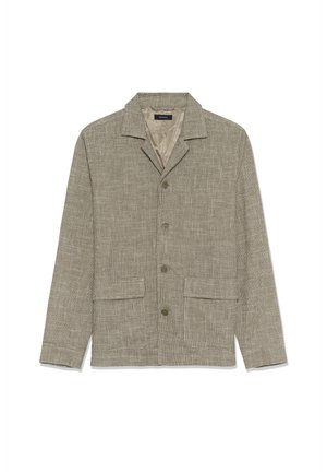 Jachetă țesută de culoare gri deschis, cu rever decupat, patru buzunare frontale, închidere cu nasturi și căptușeală interioară netedă. Țesătură texturată.