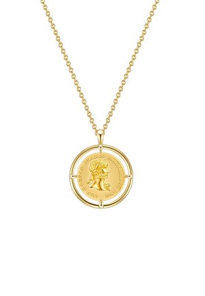 Goldene Anhängerkette mit einem runden Münzdesign, das das Profil eines römischen Kaisers zeigt, befestigt an einer goldenen Kette mit ineinander geschlungenen Gliedern.