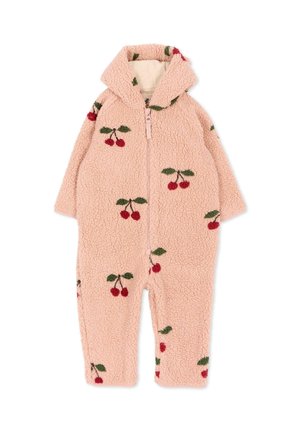 Tuta neonata rosa in pile con cappuccio, zip frontale e motivi di ciliegie rosse con foglie verdi ovunque.