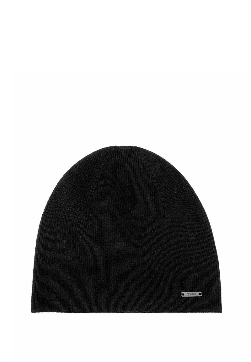 Czarna dzianinowa czapka z miękkiej struktury, zaokrąglonym szczytem i małą srebrną metką z logo po jednej stronie.