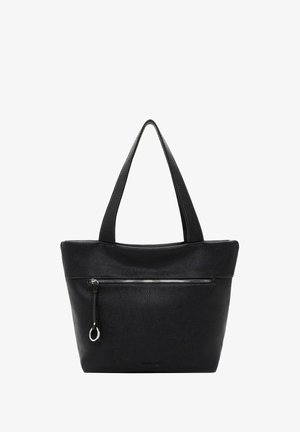 Schwarze Leder-Umhängetasche mit strukturierter Oberfläche, ausgestattet mit zwei Tragegriffen und einer vorderen Reißverschlusstasche mit metallicfarbenen Beschlägen.