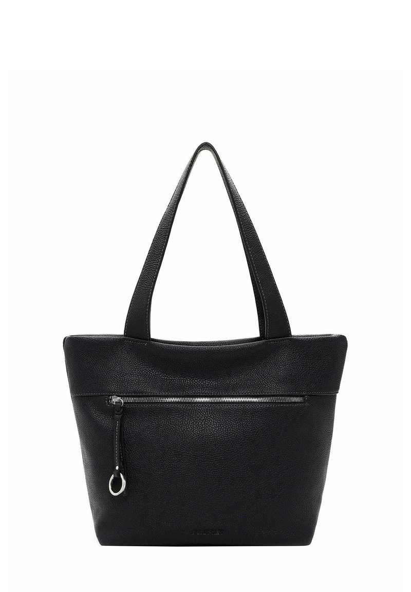 Black leather tote bag with a textured finish, featuring two carrying handles and a front zippered pocket with metallic hardware.