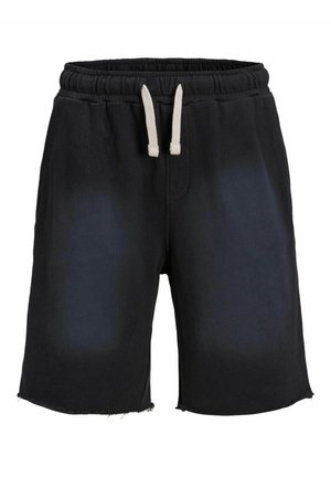 Svarte shorts laget av bomull med elastisk midjebånd og snor. Raue hemkanter og lett falming nær lommene.