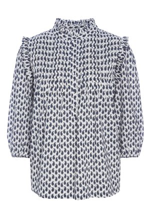 Witte blouse met blauw paisley-patroon, hoge geplooide kraag, lange mouwen met elastische manchetten en geplooide details op schouders en borst.