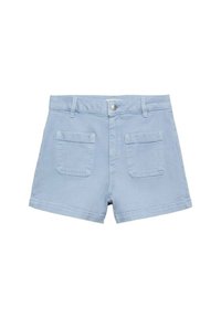 Svijetloplave pamučne šorts hlače s pojasom, prednjim zakopčavanjem na dugme i dva stražnja ušivena džepa. Ravnog kroja i bez vidljivih uzoraka ili akcenata.