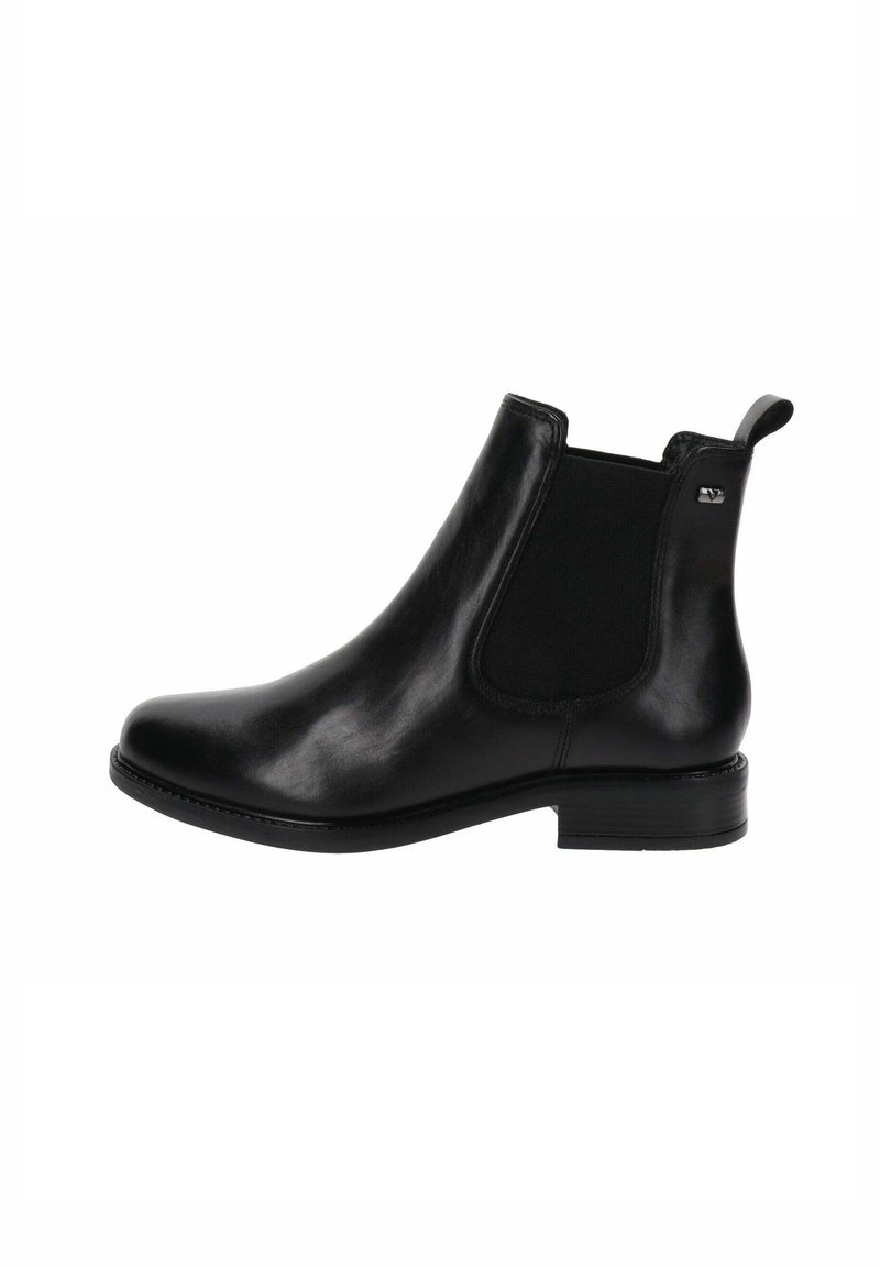 Bota de tobillo de cuero negro con paneles laterales elásticos, punta redonda y un tacón bajo. Presenta un lazo en la parte trasera para facilitar su uso.