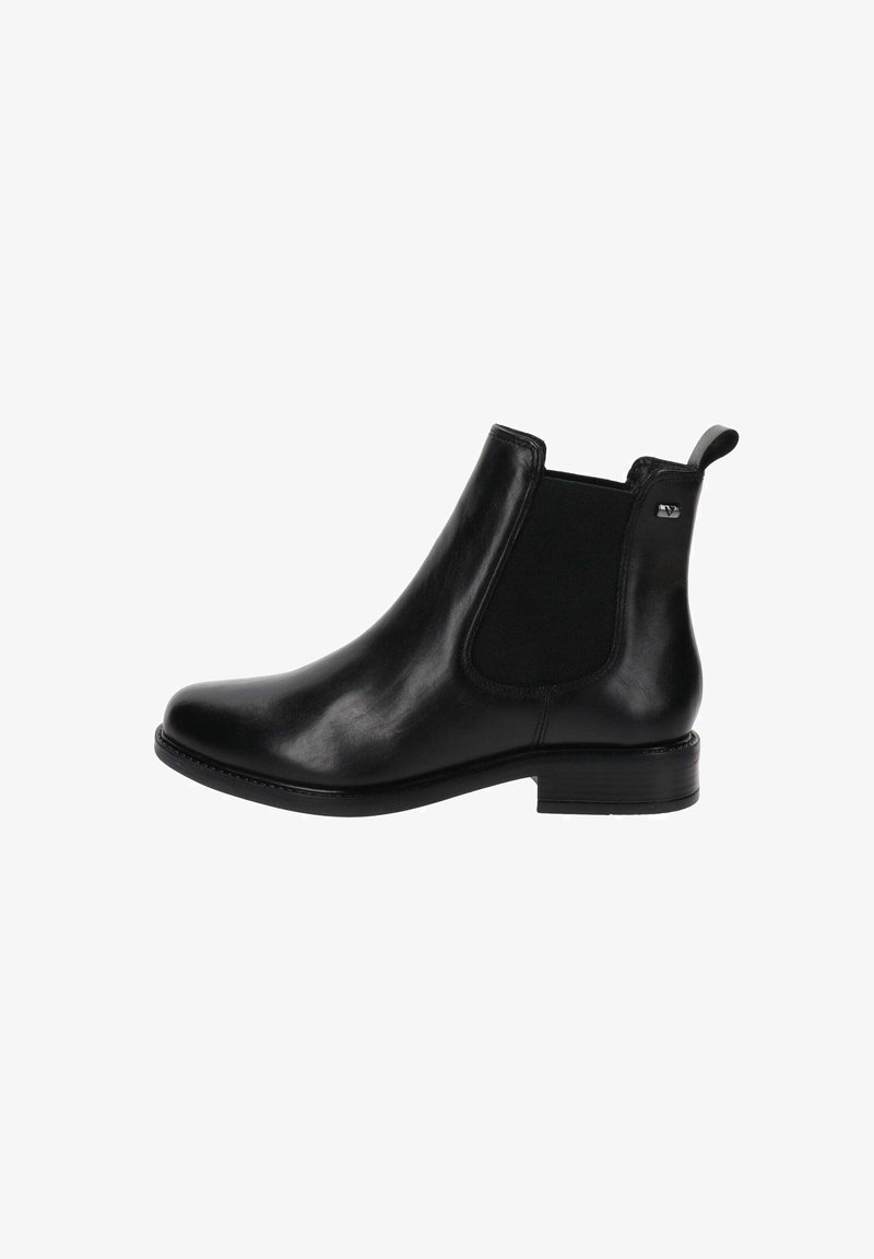 Bota de tobillo de cuero negro con paneles laterales elásticos, punta redonda y un tacón bajo. Presenta un lazo en la parte trasera para facilitar su uso.