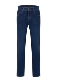 Dark blue straight-leg jeans with front pockets, belt loops, and a button closure, shown against a white background.