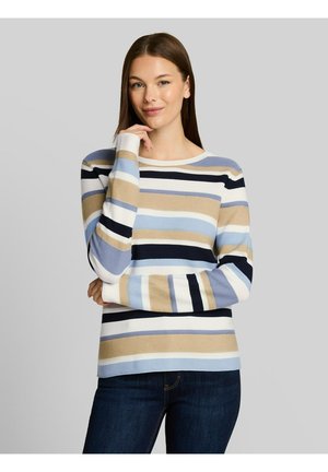 Frau mit langen braunen Haaren, die einen beige, blau, weißen und schwarzen horizontal gestreiften Pullover und dunkelblaue Jeans trägt und vor einem grauen Hintergrund posiert.
