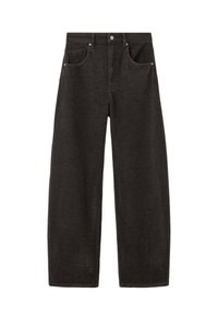 Vaqueros negros de pierna ancha hechos de denim, con cintura alta, cinco bolsillos y herrajes plateados en la parte delantera. Textura suave con un diseño minimalista.