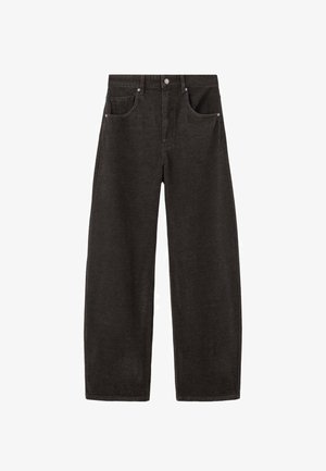 Black wide-leg jeans made from denim, featuring a high waist, five pockets, and silver hardware on the front. Smooth texture with a minimalist design.