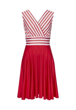 Sleeveless red dress with white and red horizontal stripes on the waistband and diagonal stripes on the bodice.