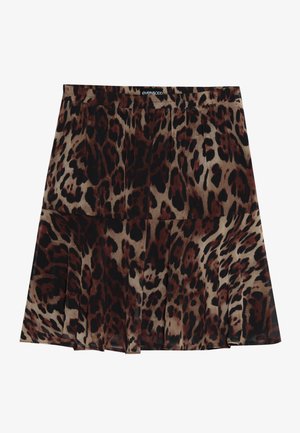 Saia midi com padrão de leopardo e design plissado, apresentando uma cor de base bege clara com manchas castanhas escuras e pretas. Cintura elástica para melhor ajuste.