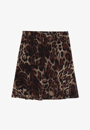 Gonna midi in stampa leopardata con design plissettato, caratterizzata da una base color beige con macchie marroni scure e nere. Vita elasticizzata per una vestibilità comoda.