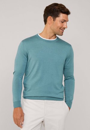 Hellblauer Rundhalsausschnitt-Pullover aus weichem Strickmaterial, mit langen Ärmeln und einer subtilen gerippten Textur an den Bündchen und dem Saum.