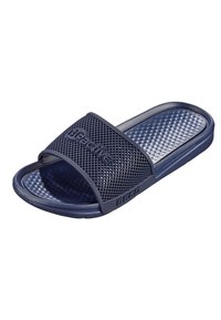 Navyblauwe rubberen slidesandalen met een geperforeerde band, een getextureerde voetbed en het "BECA"-logo. Lichtgewicht ontwerp geschikt voor casual gebruik.