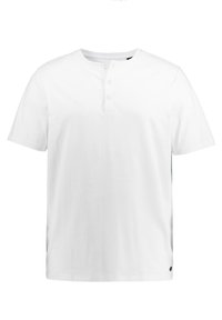 Witte katoenen t-shirt met korte mouwen, ronde hals en een drieknoopsluiting. Inclusief een klein logo accent aan de onderzijde aan de linkerkant.