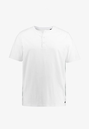 Hvid bomulds T-shirt med korte ærmer, rund hals og tre-knaps lukning. Indeholder et lille logo aksent i nederste venstre hjørne.