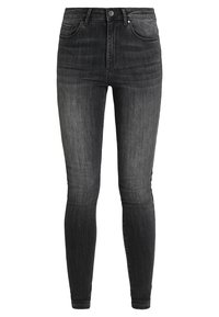 Black skinny jeans made of denim, featuring a high waist, five pockets, classic stitching, and subtle fading for texture.