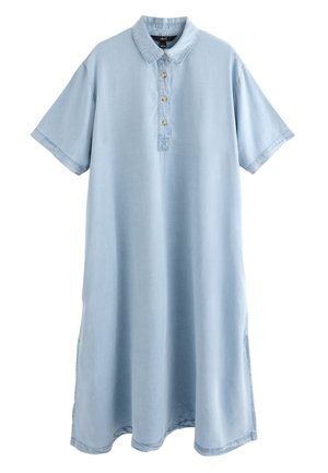 Világoskék, rövid ujjú, galléros, patentos gombolású és oldalsó sliccelt pólóruha, puha szövetből.