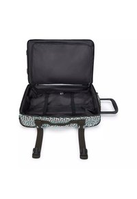 Carry-on suitcase with a patterned exterior, black interior, double straps for securing contents, and a retractable handle.