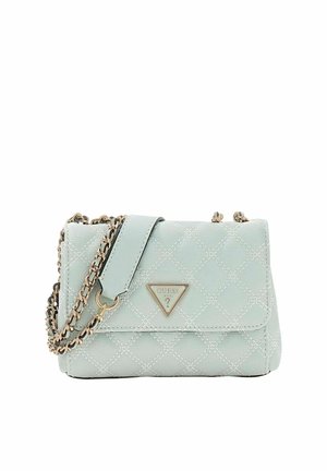 Sac à main matelassé vert menthe avec une bandoulière chaîne dorée et une plaque logo triangulaire. Dispose d'une fermeture à rabat et d'un motif losangé cousu.