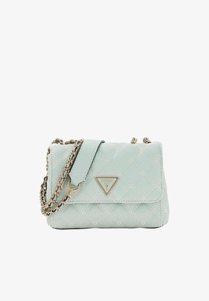 Sac à main matelassé vert menthe avec une bandoulière chaîne dorée et une plaque logo triangulaire. Dispose d'une fermeture à rabat et d'un motif losangé cousu.