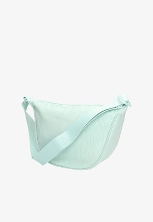Borsa a spalla verde menta con superficie testurizzata, forma triangolare e ampia tracolla regolabile. Presenta una chiusura con zip lungo la parte superiore.