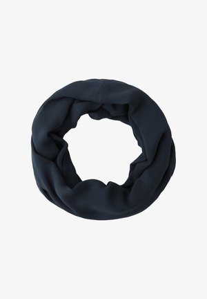 Bufanda infinita de tela azul marino oscura, suavemente torcida en un lazo circular sobre un fondo blanco.