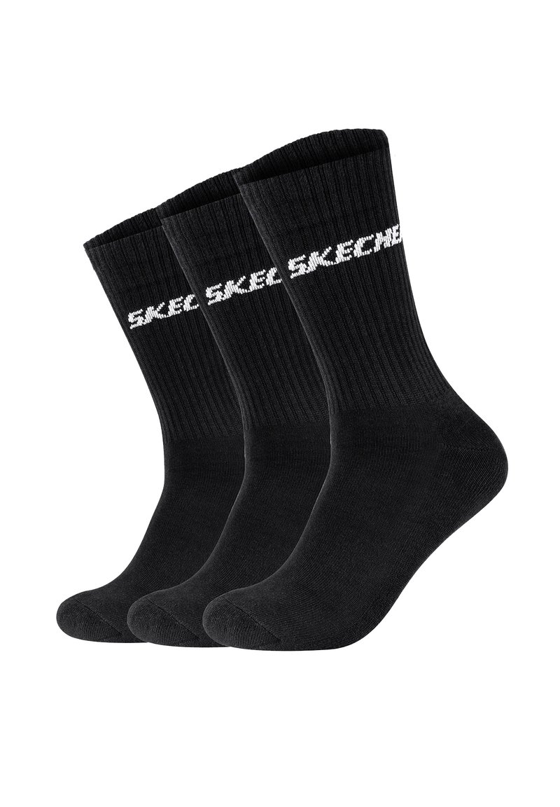 Schwarze Knöchelsocken mit gerippter Textur, drei Paar enthalten, mit weißem "SKECHERS"-Logo am Bund. Weicher, dehnbare Stoff.