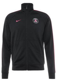 Schwarze Zip-Jacke mit hohem Kragen, rosa Akzenten an den Ärmeln und gesticktem Paris-Logo. Weiches Material und taillierte Passform erhöhen den Komfort.