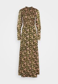 Lang, groen patroonjurk met geplooide buste en lange mouwen. Het ontwerp bevat roze geometrische vormen en een gelaagde rok.