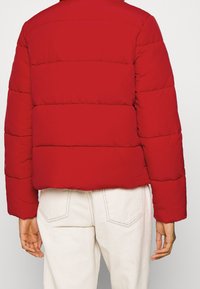 Giacca a vento rossa con design a righe orizzontali, lunghezza cropped e maniche lunghe. Abbinata a pantaloni chiari. Texture liscia.