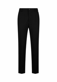 Pantalon formel noir avec fermeture bouton et zip, passants pour ceinture, coupe slim et jambe droite.