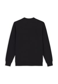 Felpa nera, in cotone, collo rotondo, maniche lunghe, polsini e orlo a costine, design semplice, colore uniforme, texture liscia.