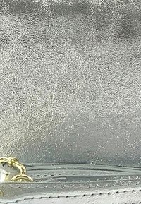Zilveren metallic handtas met een gladde textuur, ronde vorm en gouden hardware accenten. Ritsafsluiting aan de bovenkant en zijsteekdetails.