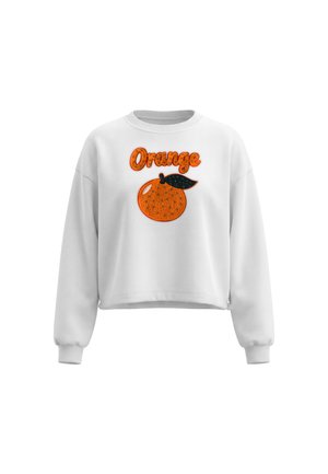 Hvid langærmet sweatshirt med en tekstureret appelsingrafik og ordet "Orange" ovenover i matchende tekstureret skrift.