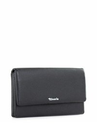 Black leather wallet with a textured finish, rectangular shape, a flap closure, and the 'Tamaris' logo in white on the front.