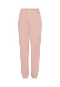 Lichtroze joggers met elastische tailleband, gemaakt van een gestructureerde stof. Voorzien van taps toelopende pijpen en ribbels aan de enkels. Glad afwerkingslaag.