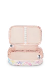 Zippered hard-shell pencil case with a floral watercolor design in pastel colors. Interior features soft pink lining and elastic pen holders.