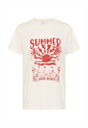 Krémové bavlnené tričko s červenou letnou grafikou, ktorá zobrazuje palmy, slnko a text "Kalifornia Santa Monica." Krátke rukávy.