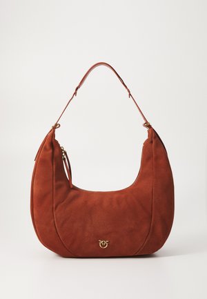 Suede shoulder bag in rust orange with a curved shape, top zip closure, and gold-tone hardware. Smooth texture, minimalist design.