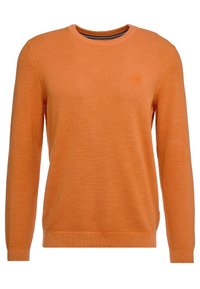 Pull en tricot orange avec un col rond, des manches longues et un ourlet côtelé. Présente un logo discret sur la poitrine. Tissu texturé de poids intermédiaire.
