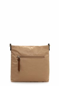 Borsa a tracolla in nylon beige con tasca con zip, accentuazioni in pelle e finiture nere. Texture liscia, forma rettangolare e chiusura superiore.
